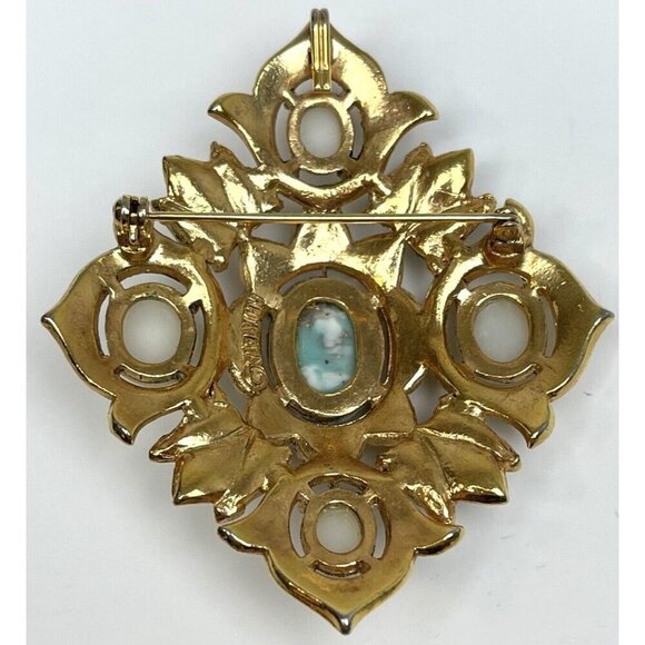 VTG SARAH COVENTRY 3" Diamond-Shape Goldtone Turquoise Pearl Remembrance BROOCH - Picture 2 of 5
